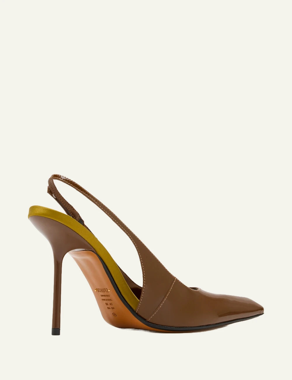 Schutz Leona pecan brown patent leather slingback pump with gold buckle back view