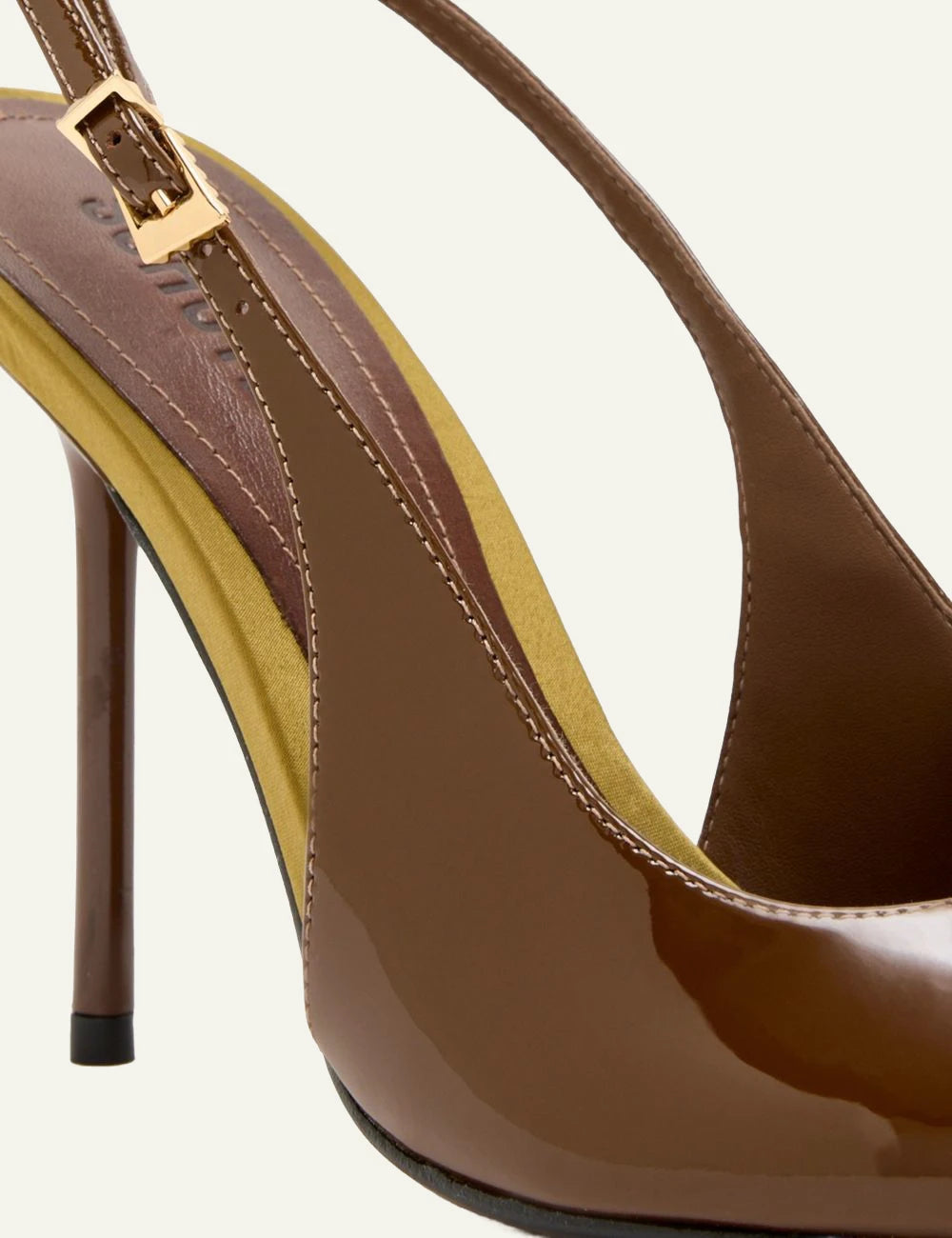 Schutz Leona pecan brown patent leather slingback pump with gold buckle detail view