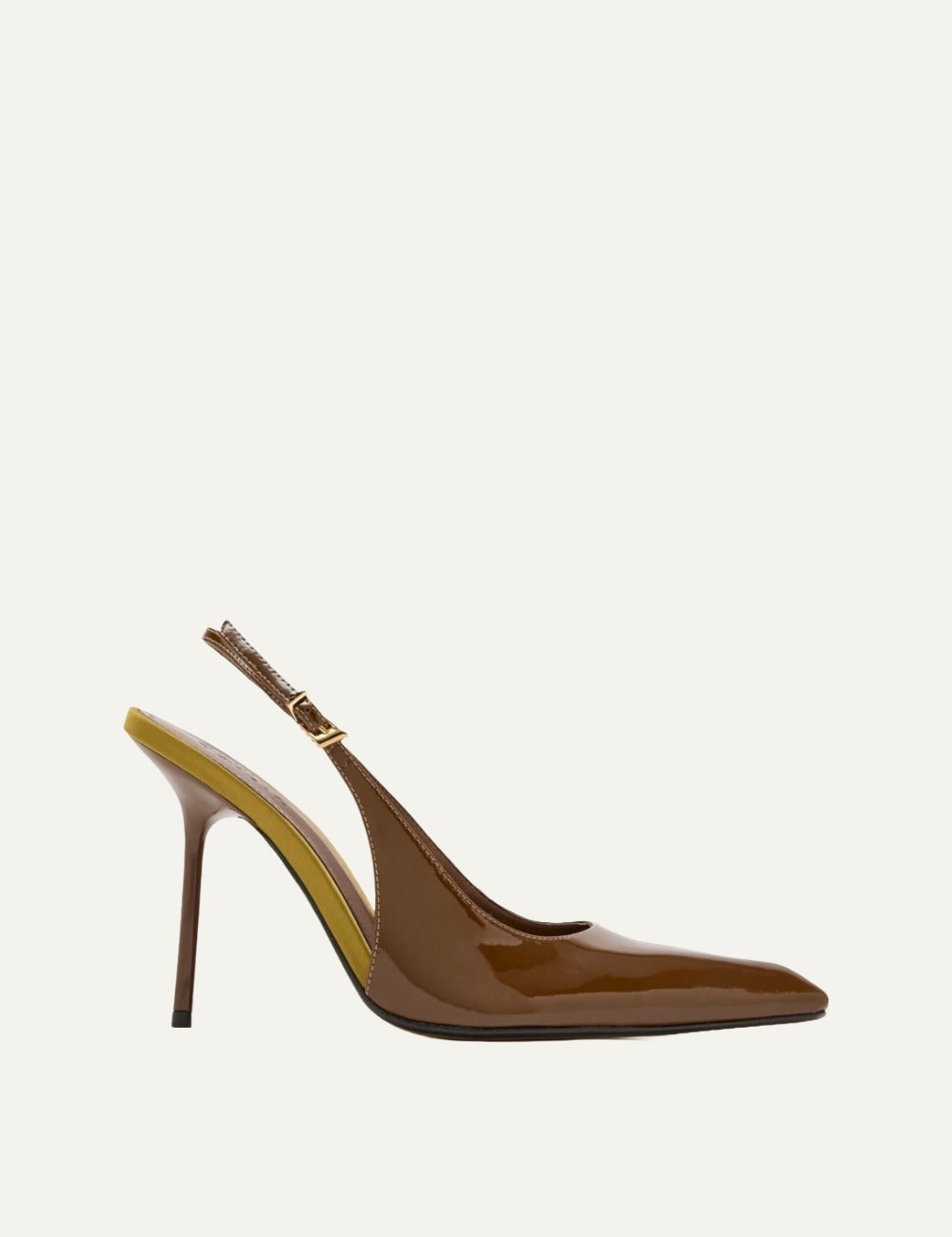 Schutz Leona pecan brown patent leather slingback pump with gold buckle side view