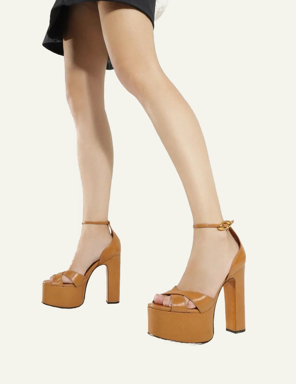 Schutz light brown leather platform sandal with block heel and ankle buckle side model view