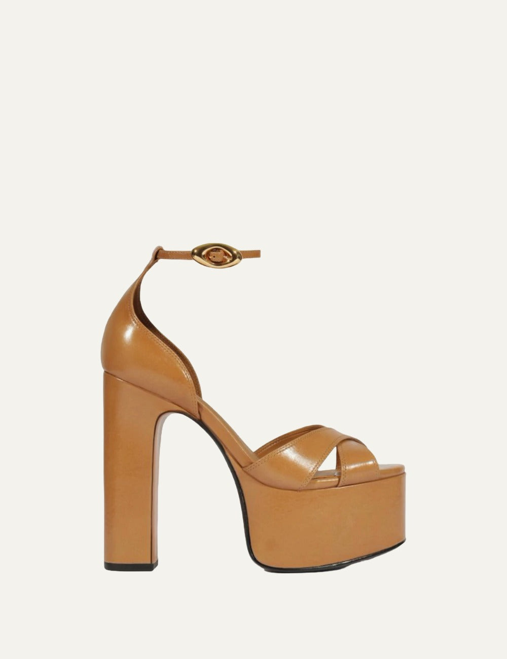 Schutz light brown leather platform sandal with block heel and ankle buckle side view