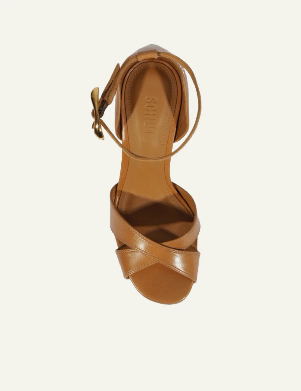 Schutz light brown leather platform sandal with block heel and ankle buckle top view