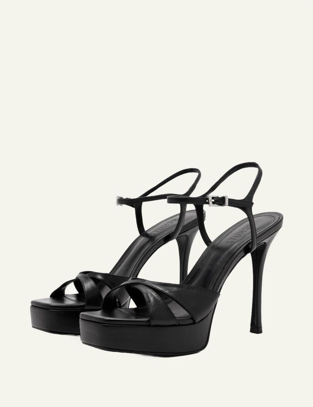 Schutz Maxine black leather platform stiletto sandal with ankle strap profile view