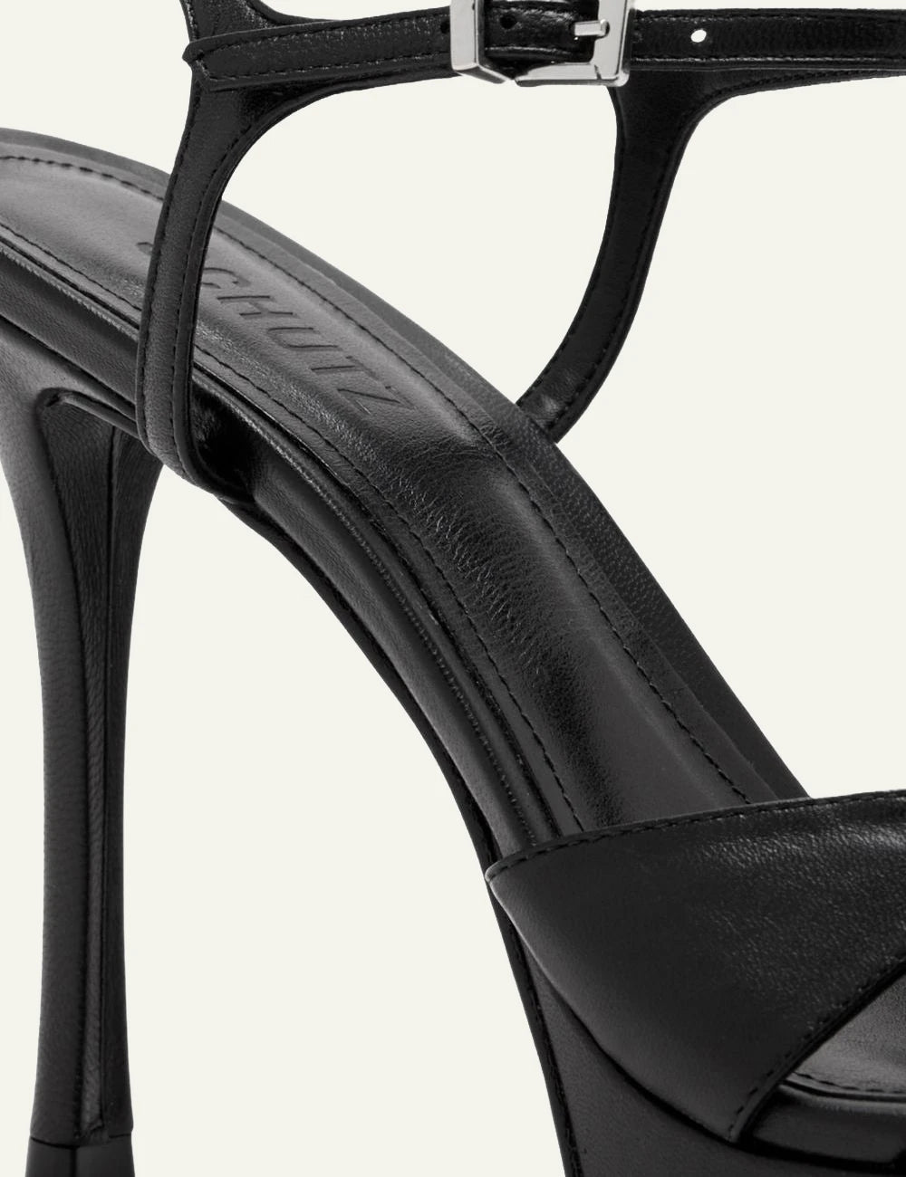 Schutz Maxine black leather platform stiletto sandal with ankle strap detail view