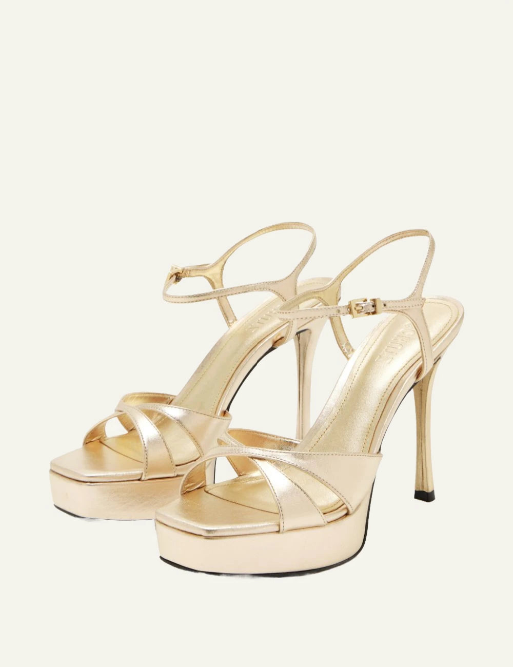 Schutz Maxine gold leather platform stiletto sandal with ankle strap profile view
