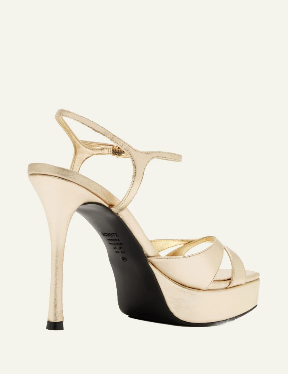 Schutz Maxine gold leather platform stiletto sandal with ankle strap back view