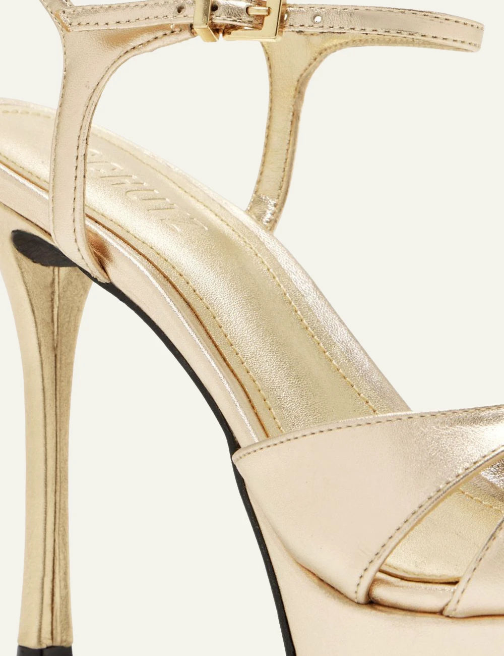 Schutz Maxine gold leather platform stiletto sandal with ankle strap detail view