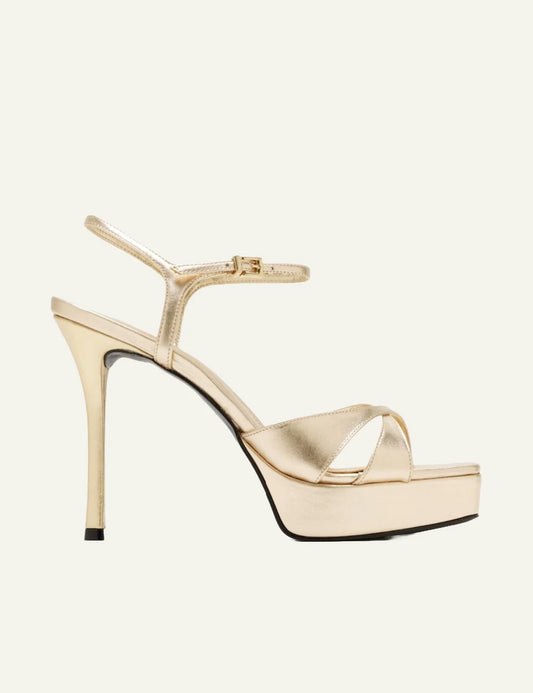 Schutz Maxine gold leather platform stiletto sandal with ankle strap side view