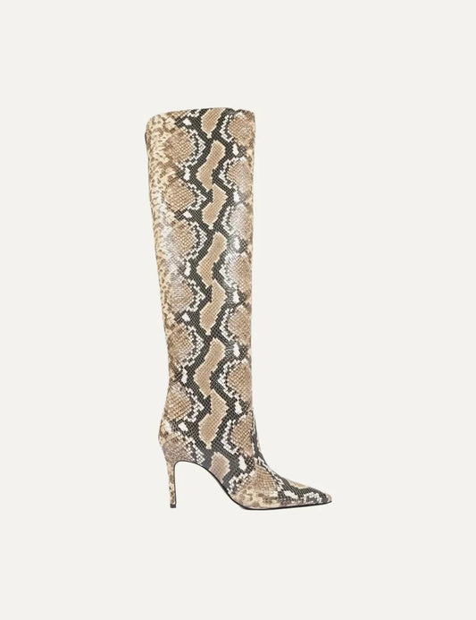 Schutz Women’s Beige Snake-Print Leather Knee-High Boots side view