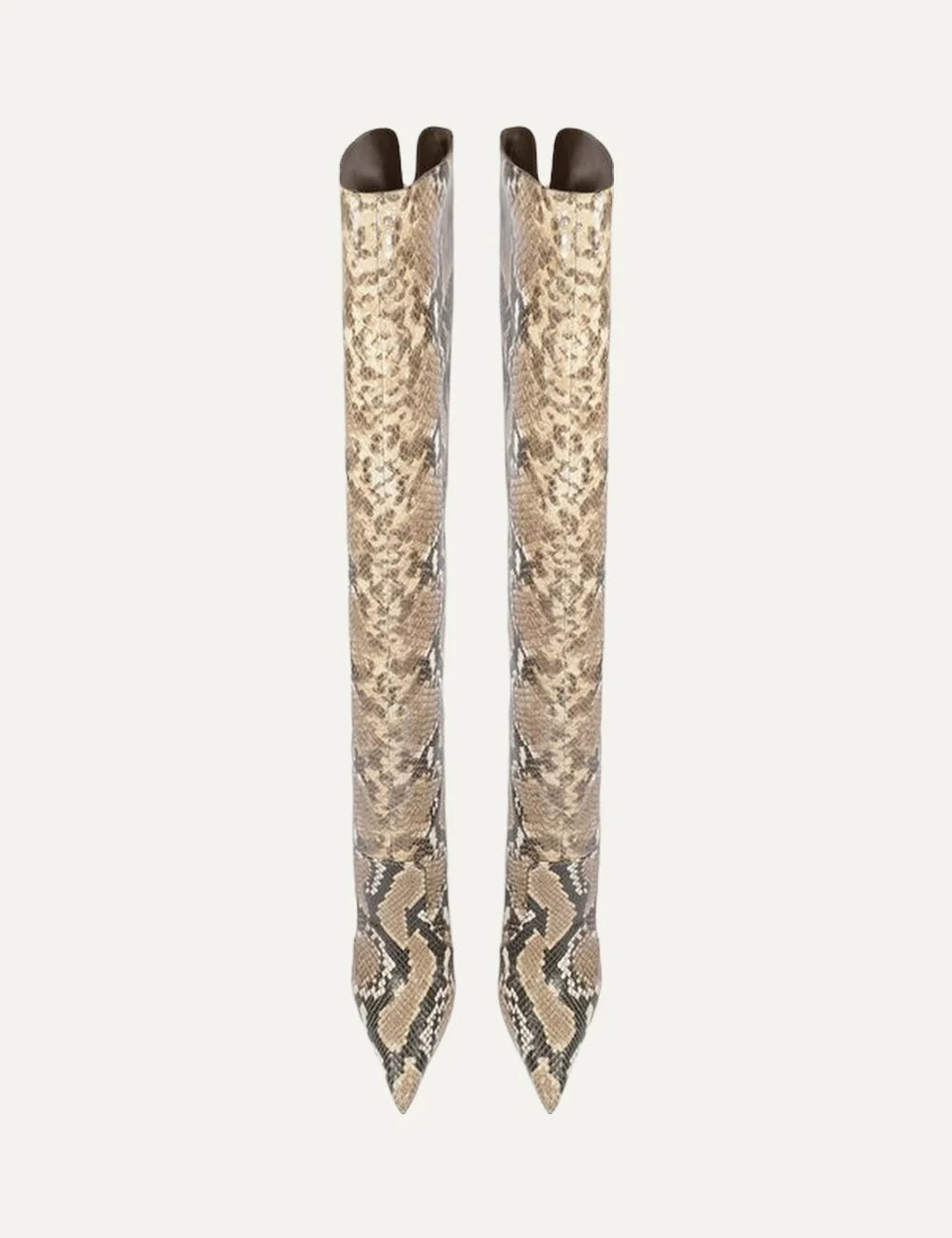 Schutz Women’s Beige Snake-Print Leather Knee-High Boots top view