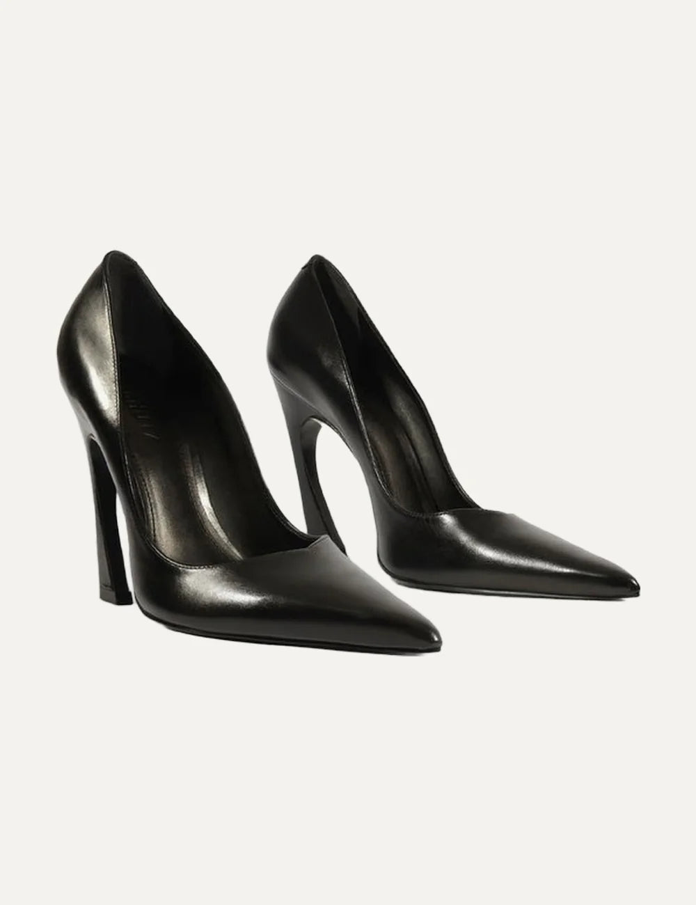 Schutz Women’s Black Leather Curved High-Heel Pumps pair front angle view