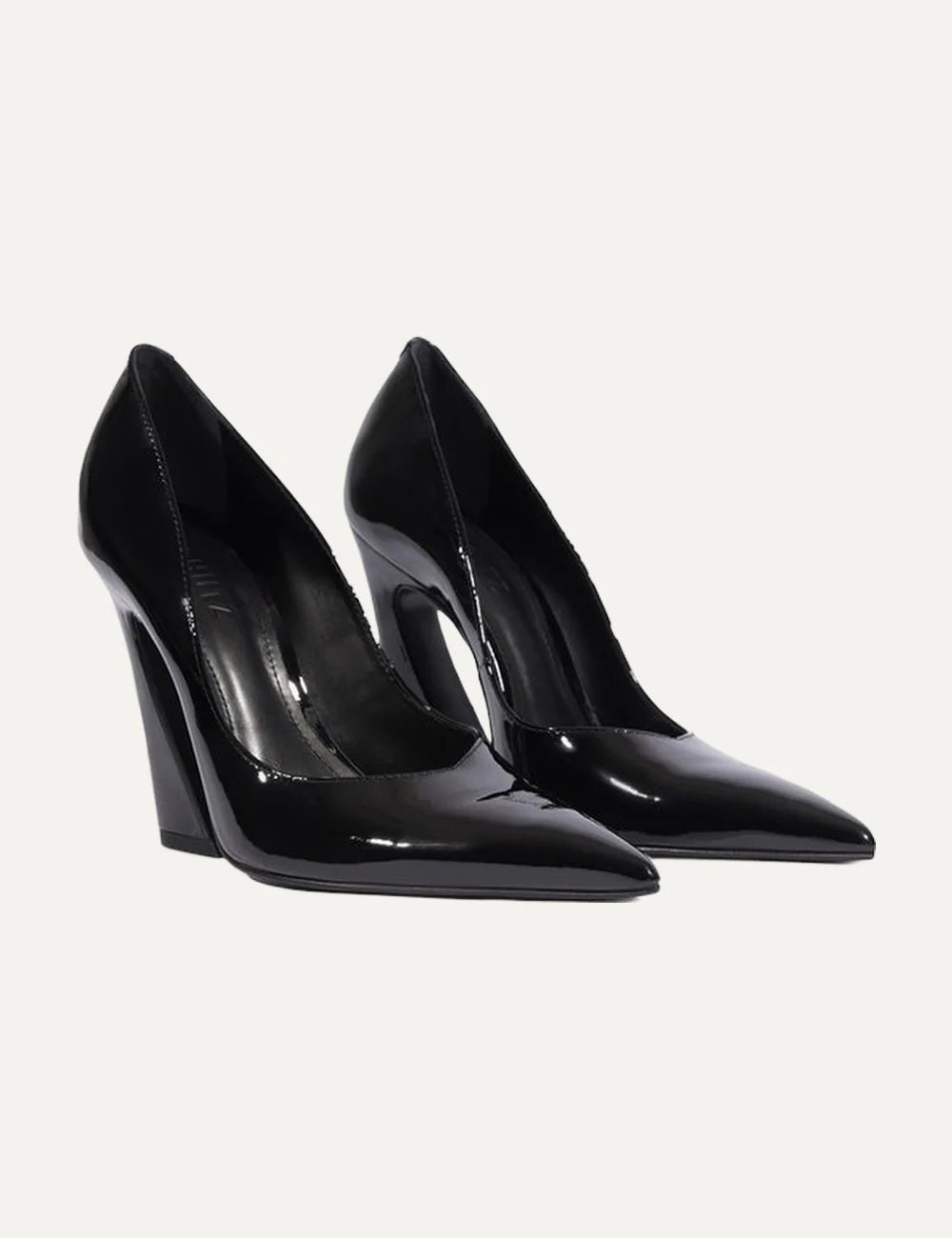  Schutz Women’s Black Patent Leather Curved High-Heel Pumps pair front angle
