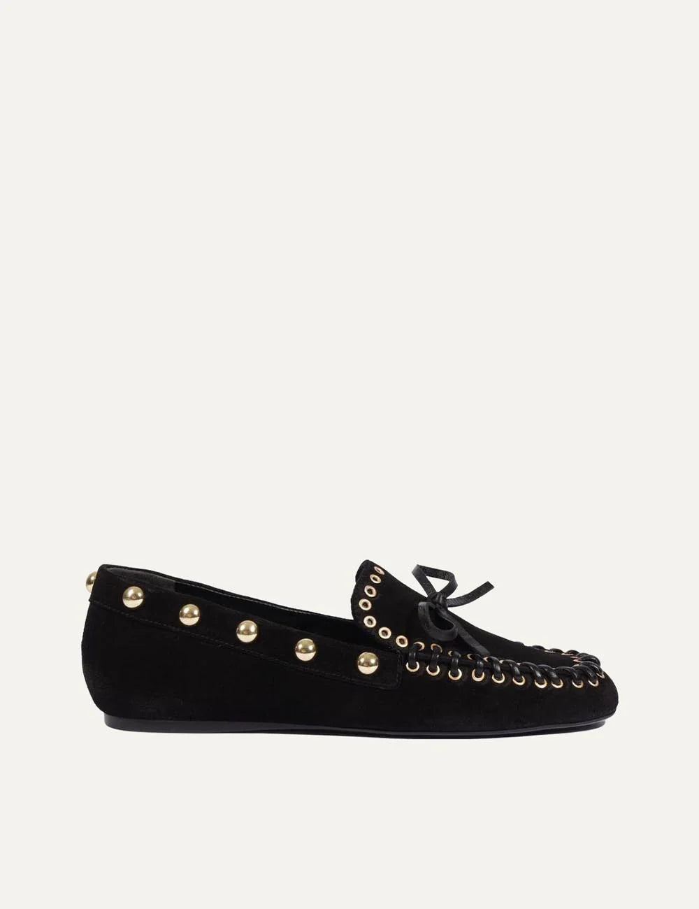 Schutz Women’s Black Suede Loafers with Gold Studs side view