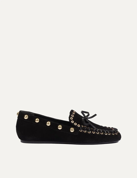 Schutz Women’s Black Suede Loafers with Gold Studs side view