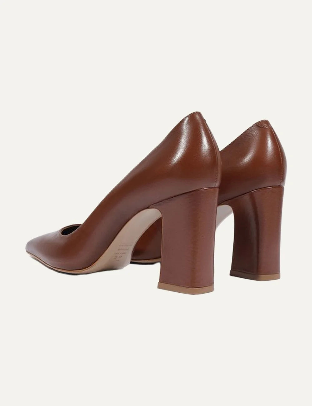 Schutz Women’s Brown Leather Block-Heel Pumps pair back angle view