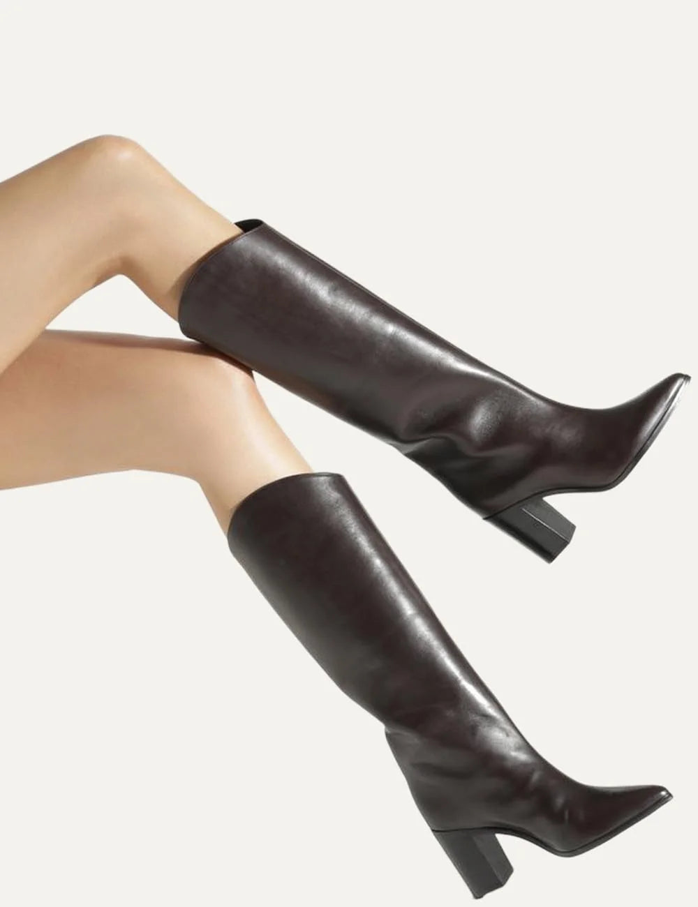 Schutz Women’s Dark Brown Leather Western Knee-High Boots worn by model