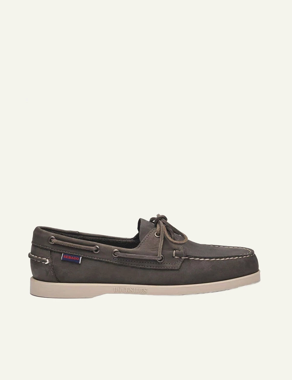 Sebago docksides leather grey boat shoes side view