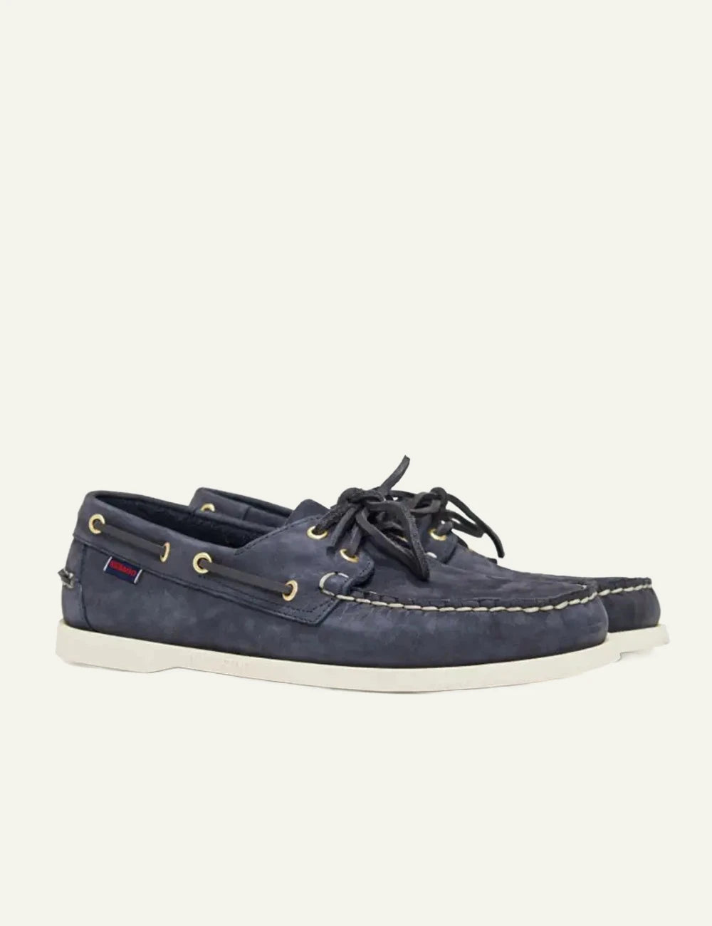 Sebago docksides leather navy boat shoes angled view