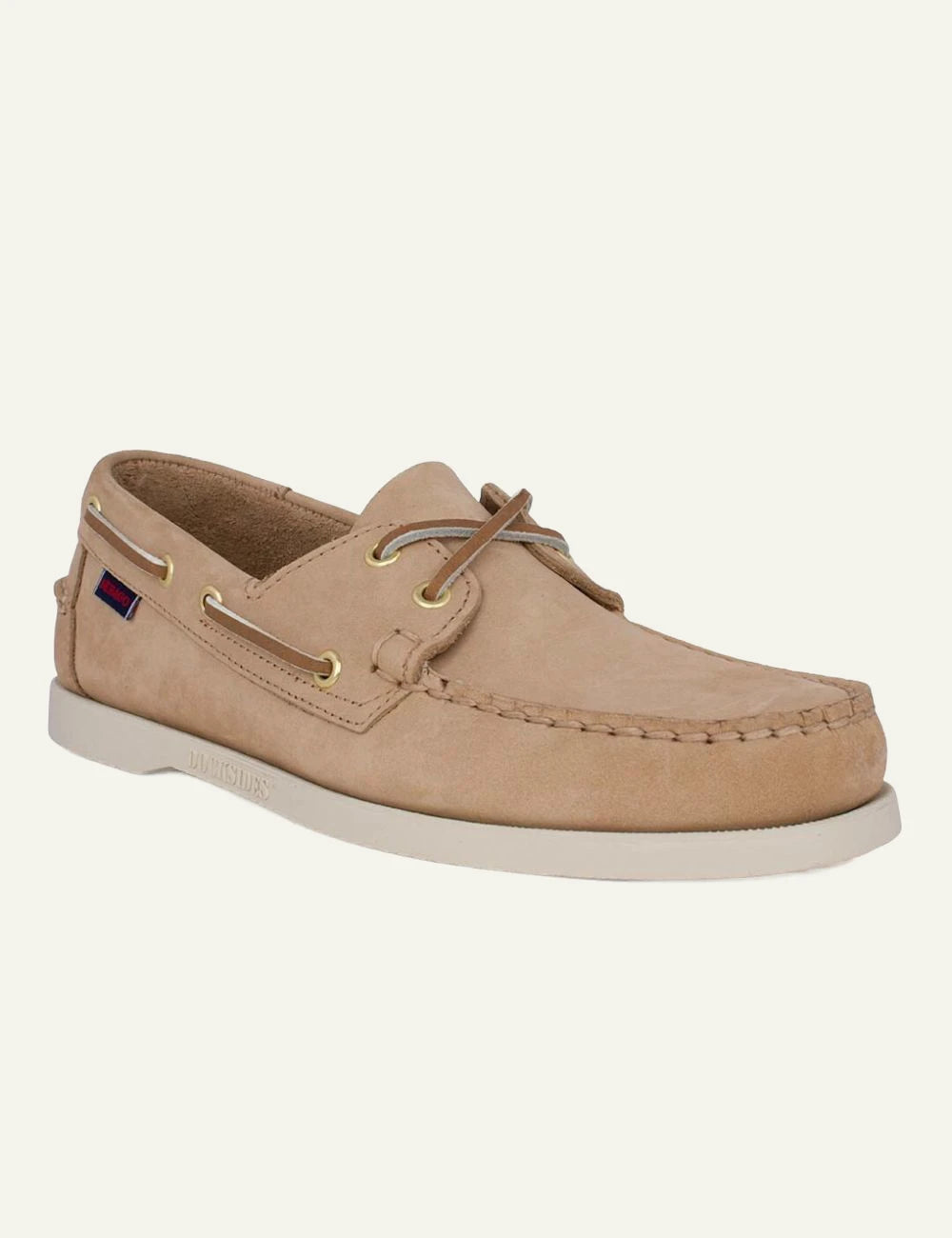 Sebago docksides nubuck beige boat shoes angled view