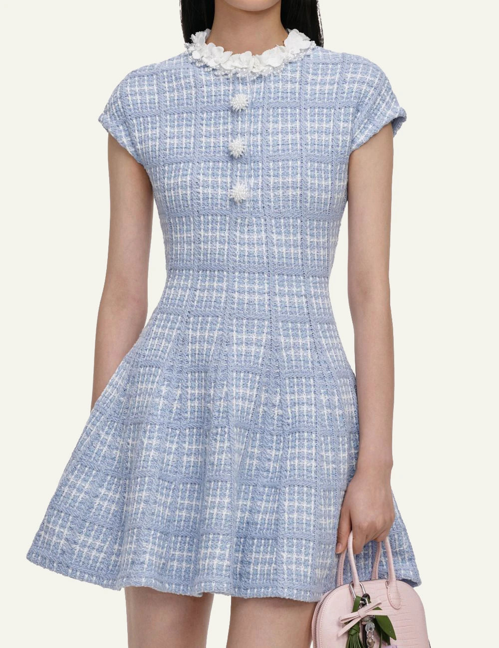 Self-Portrait baby blue knit mini dress for women close up view