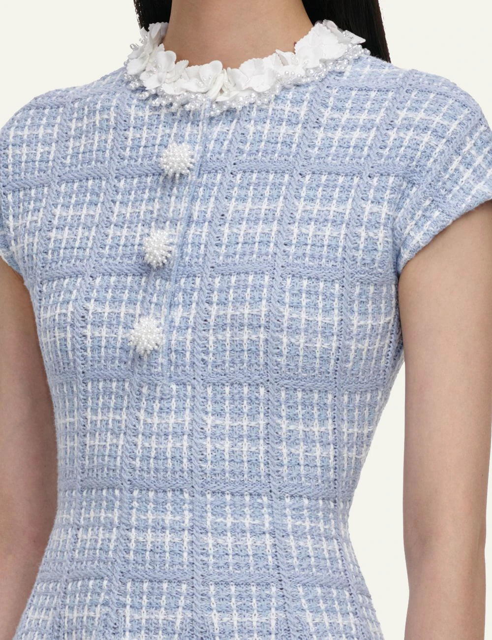 Self-Portrait baby blue knit mini dress for women button details