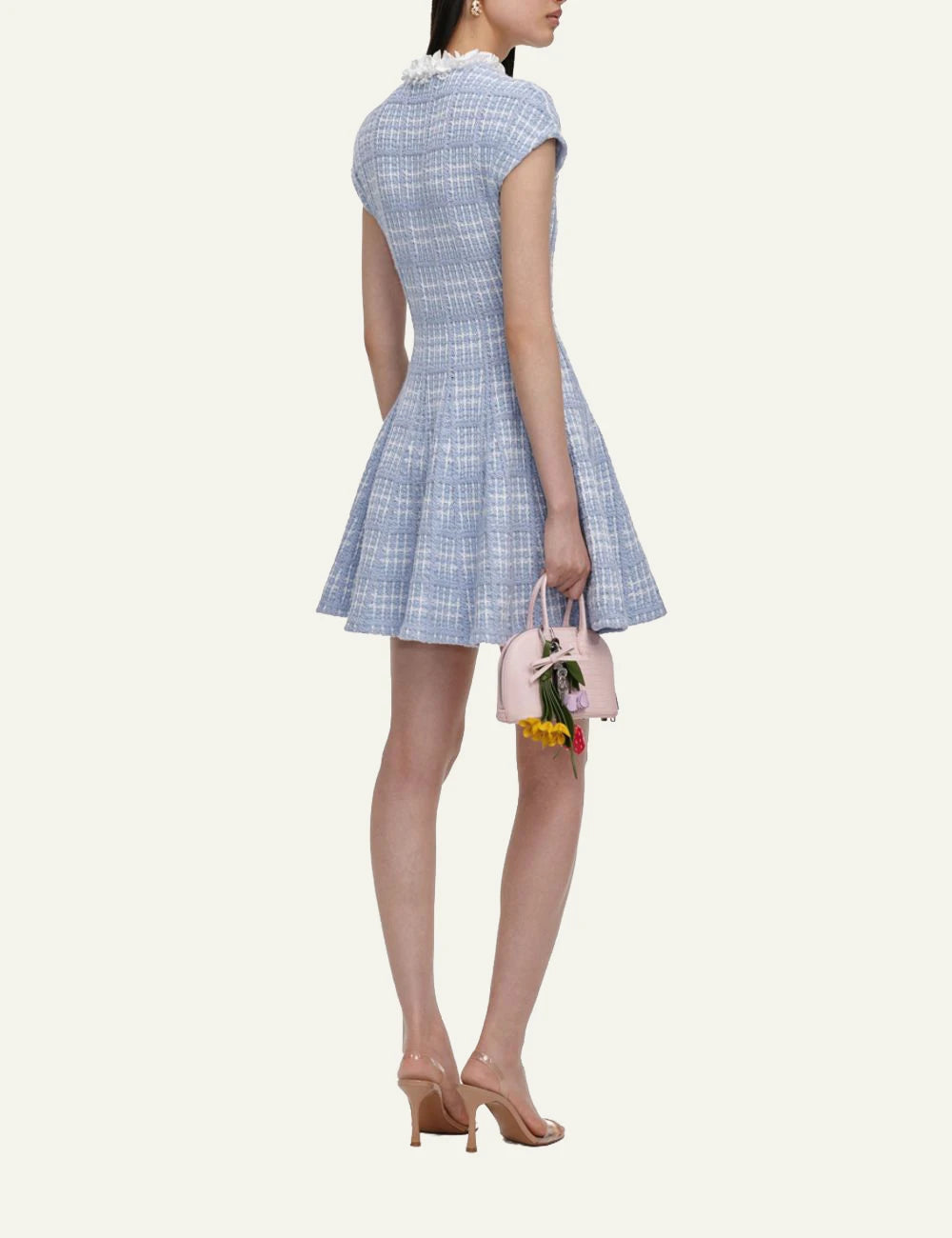 Self-Portrait baby blue knit mini dress for women back view