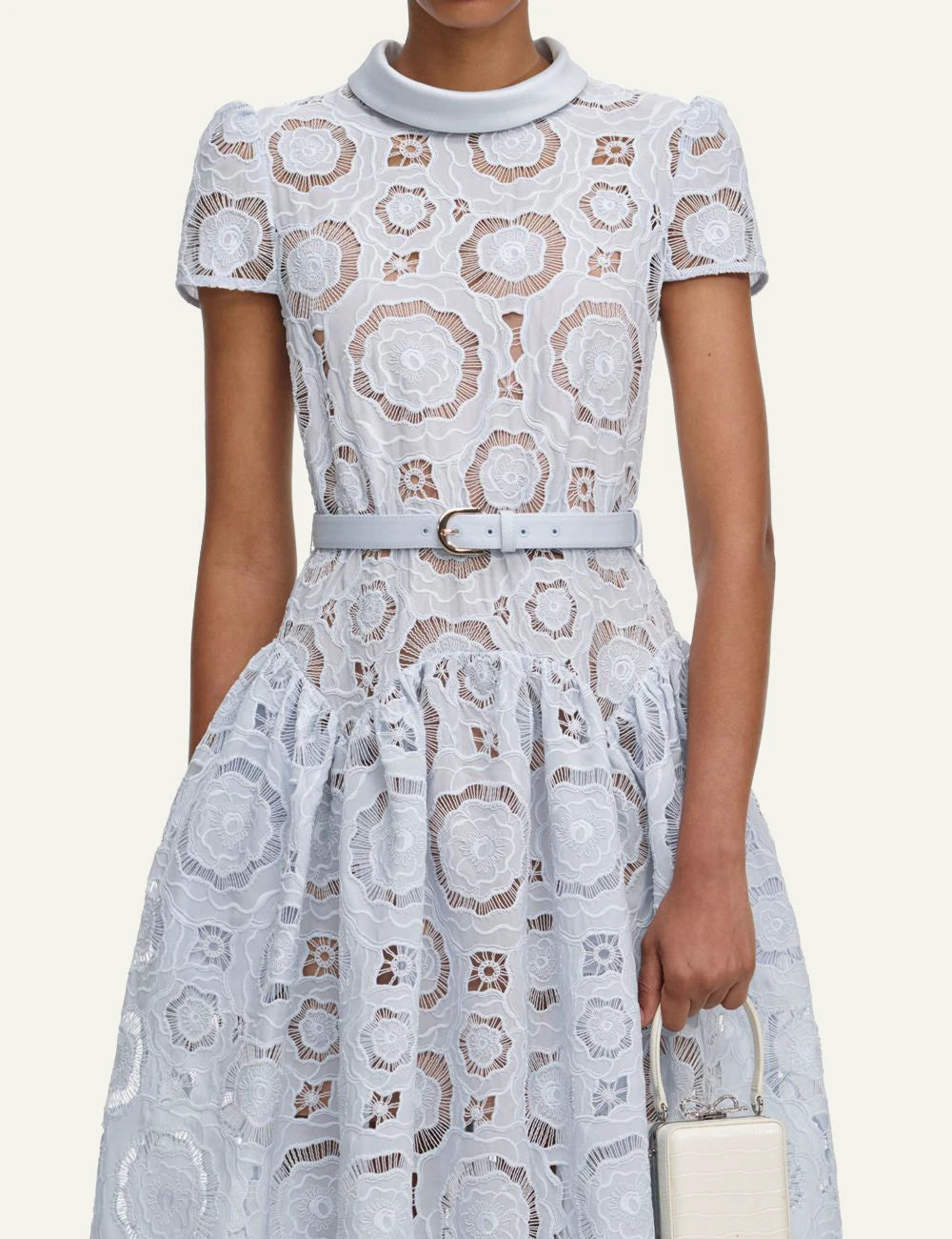 Self Portrait baby blue lace midi dress high neck full skirt scalloped hem model detail look