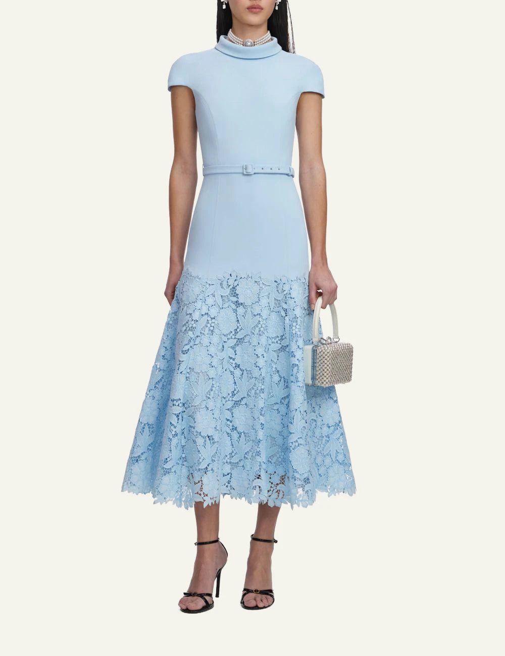 Self Portrait baby blue midi dress lace skirt scalloped hem full look
