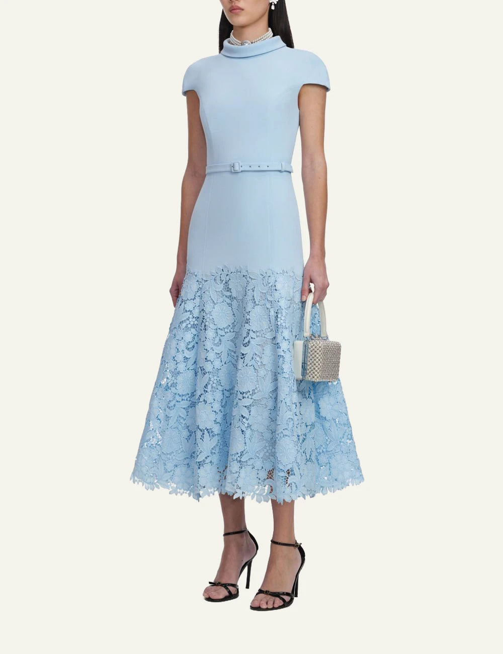 Self Portrait baby blue midi dress lace skirt scalloped hem side