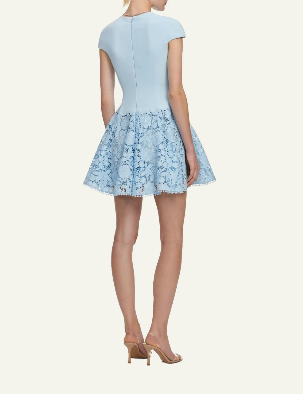 Self Portrait baby blue mini dress lace skater skirt scalloped hem back