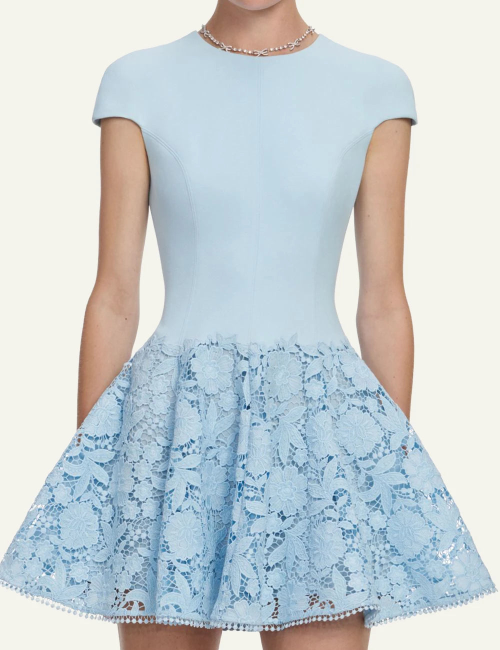 Self Portrait baby blue mini dress lace skater skirt scalloped hem front model
