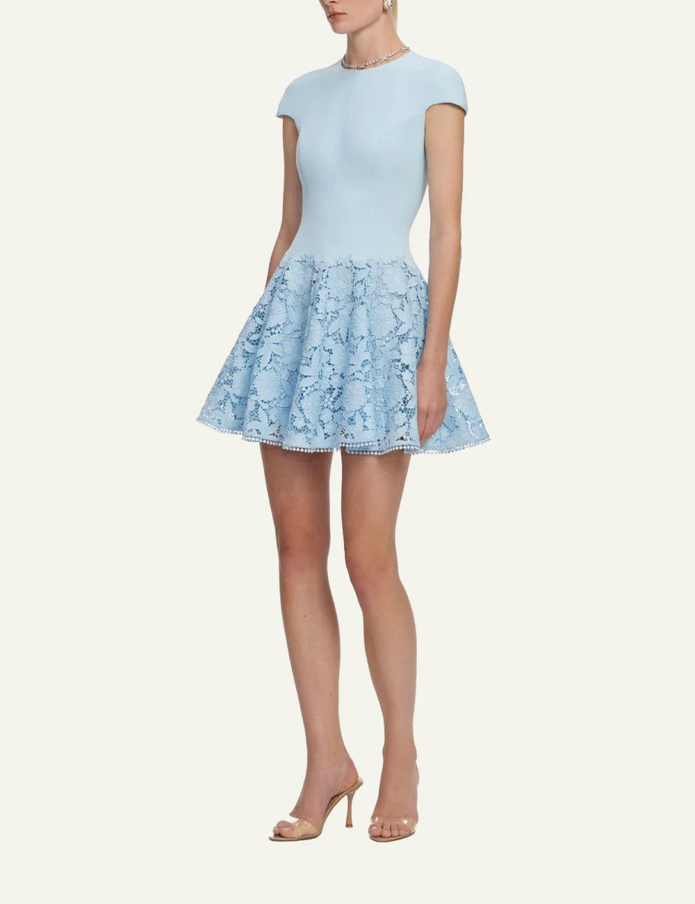 Self Portrait baby blue mini dress lace skater skirt scalloped hem side