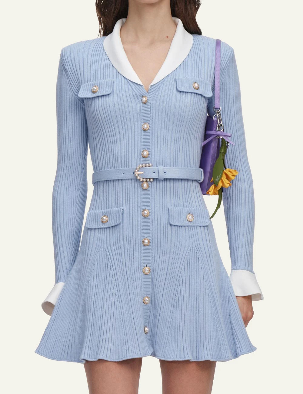 Self-Portrait baby blue ribbed knit mini dress with contrast collar and pearl belt