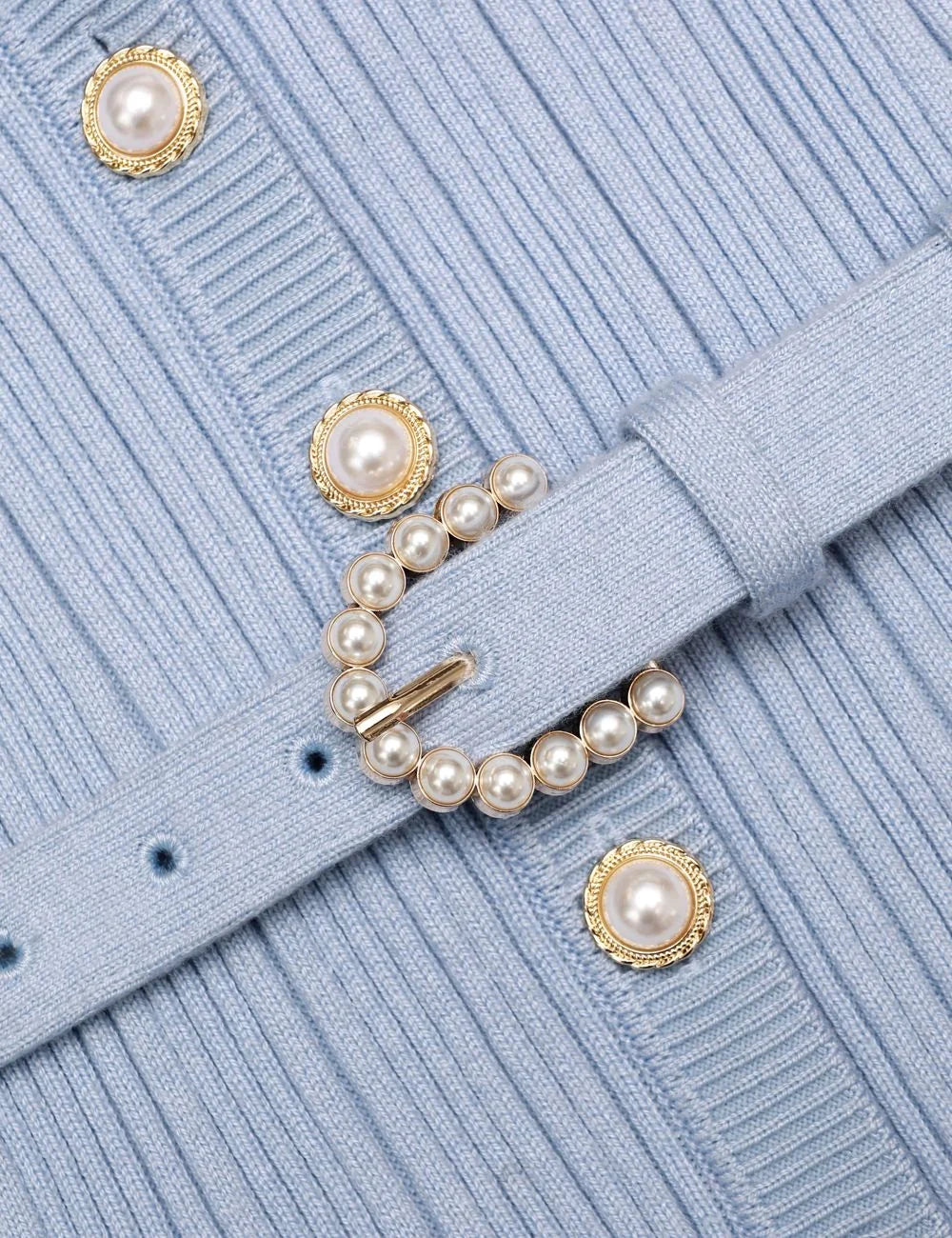 Self-Portrait baby blue ribbed knit mini dress with contrast collar and pearl belt detail