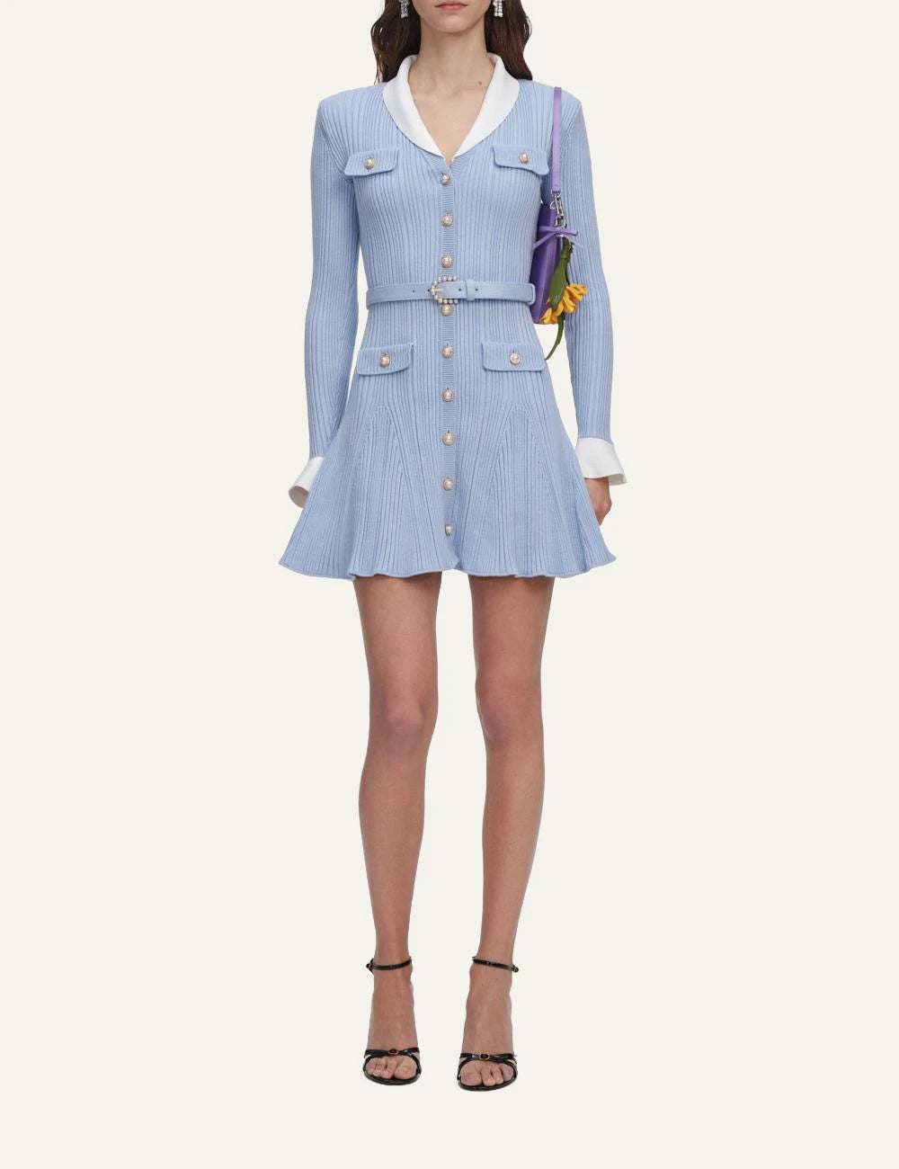 Self-Portrait baby blue ribbed knit mini dress with contrast collar and pearl belt full body