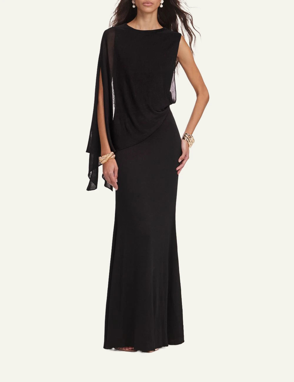Self-Portrait black asymmetric one shoulder knit maxi dress with draped sleeve