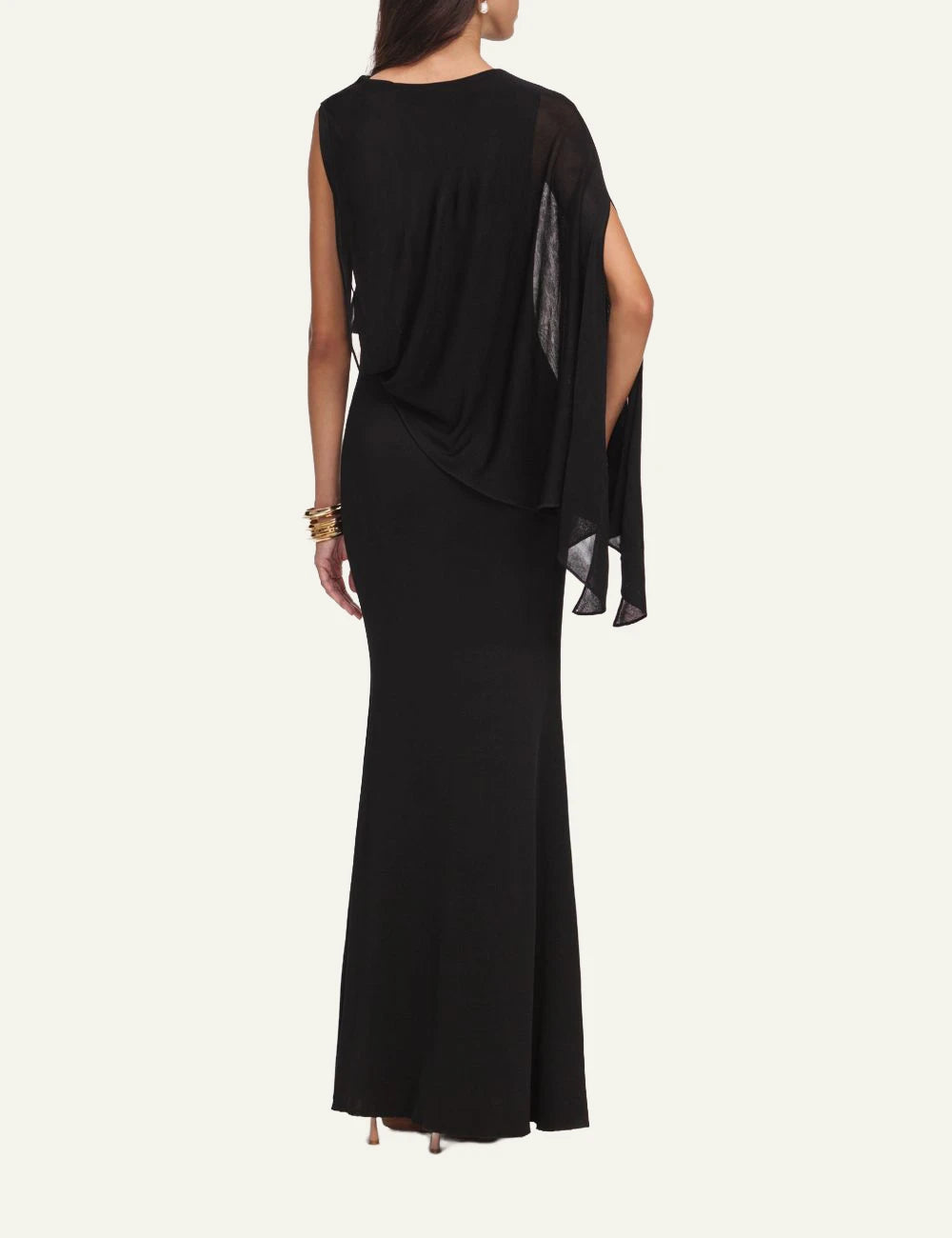 Self-Portrait black asymmetric one shoulder knit maxi dress with draped sleeve back
