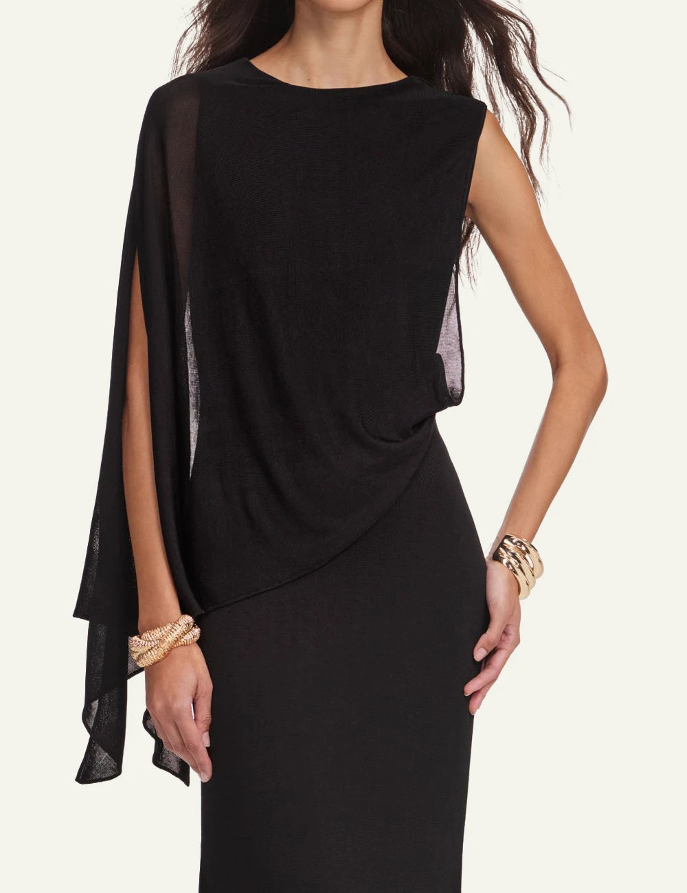 Self-Portrait black asymmetric one shoulder knit maxi dress with draped sleeve model