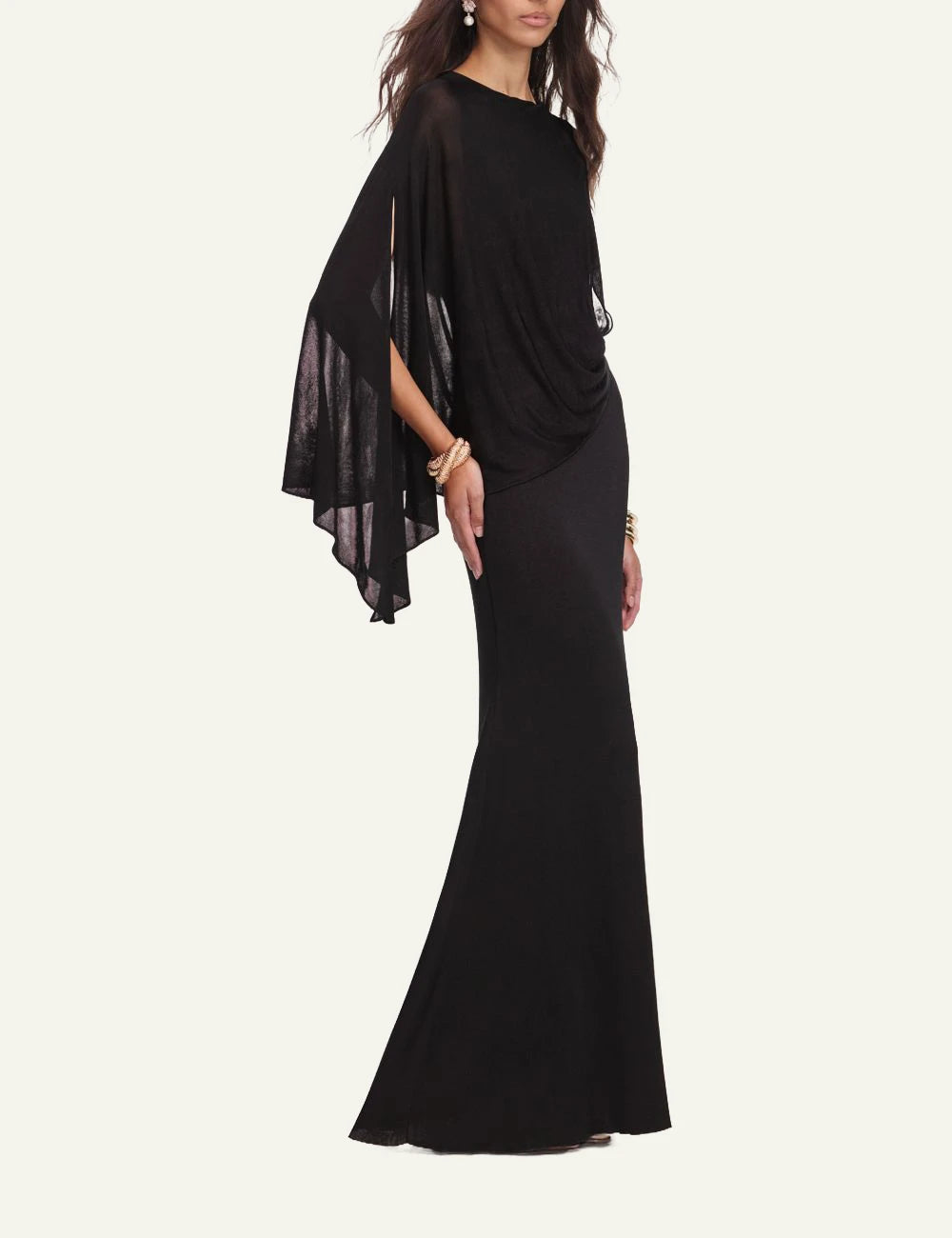 Self-Portrait black asymmetric one shoulder knit maxi dress with draped sleeve side