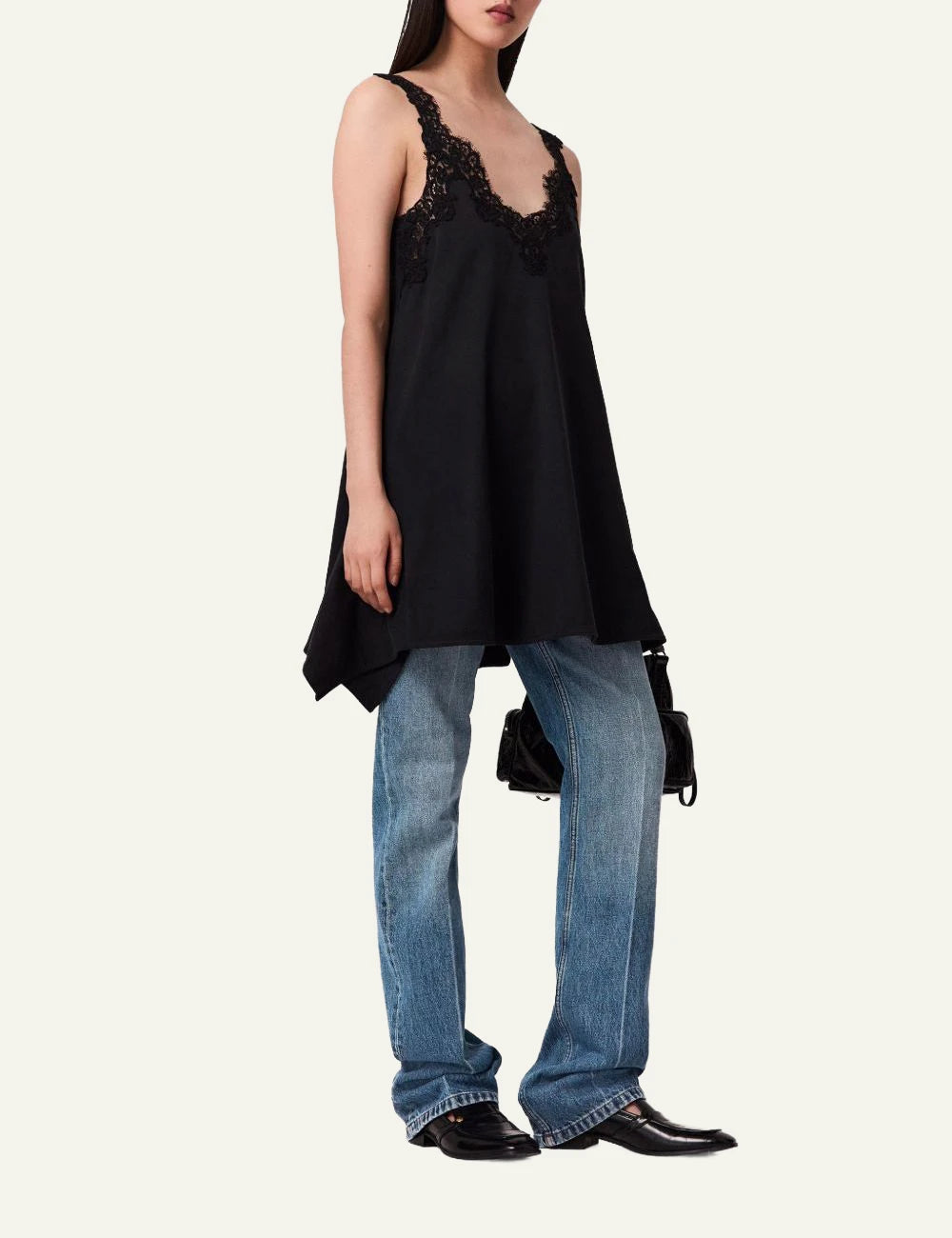 stella_mccartney_black_mini_dress_lace_trim_handkerchief_hem side