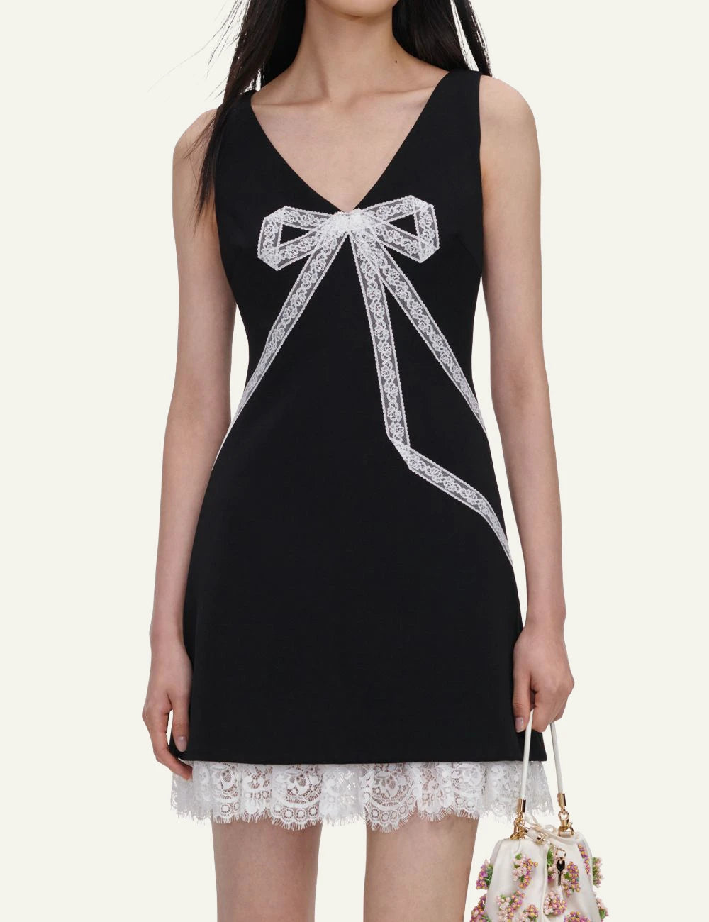 Self-Portrait black crepe mini dress with lace bow detail and lace hem