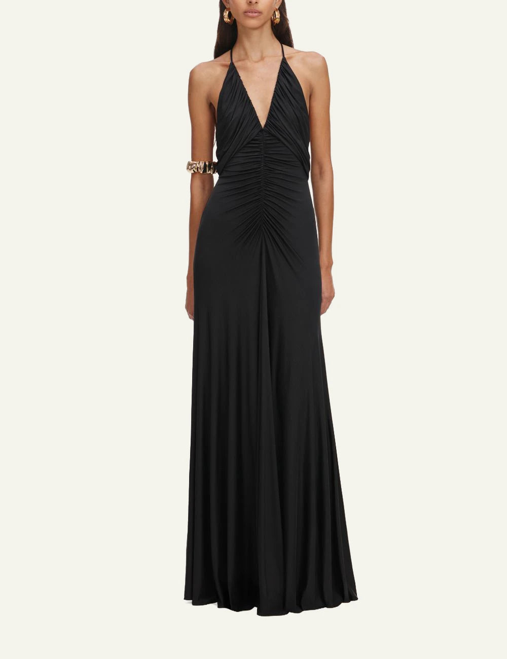 Self Portrait black jersey maxi dress halter ruched neckline backless front