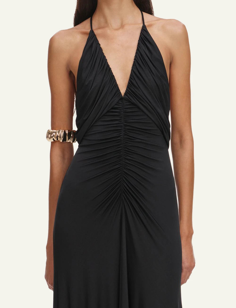 Self Portrait black jersey maxi dress halter ruched neckline backless front model