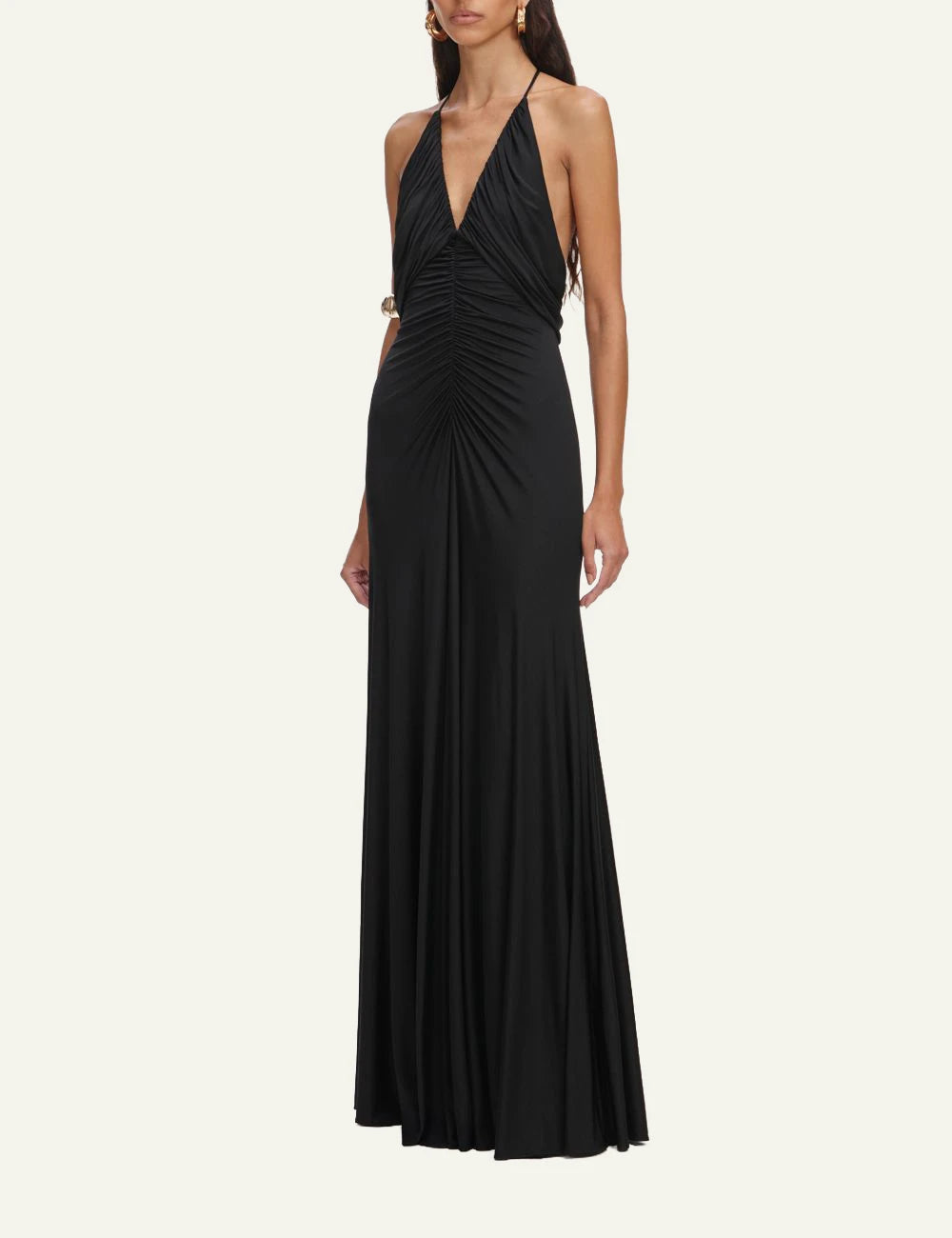 Self Portrait black jersey maxi dress halter ruched neckline backless side