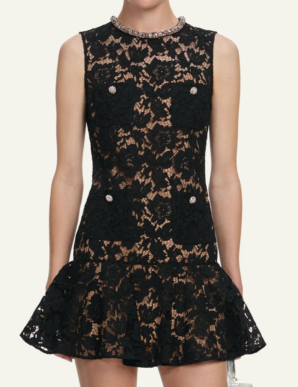 Self Portrait black lace mini dress guipure swing silhouette embellished neckline front model