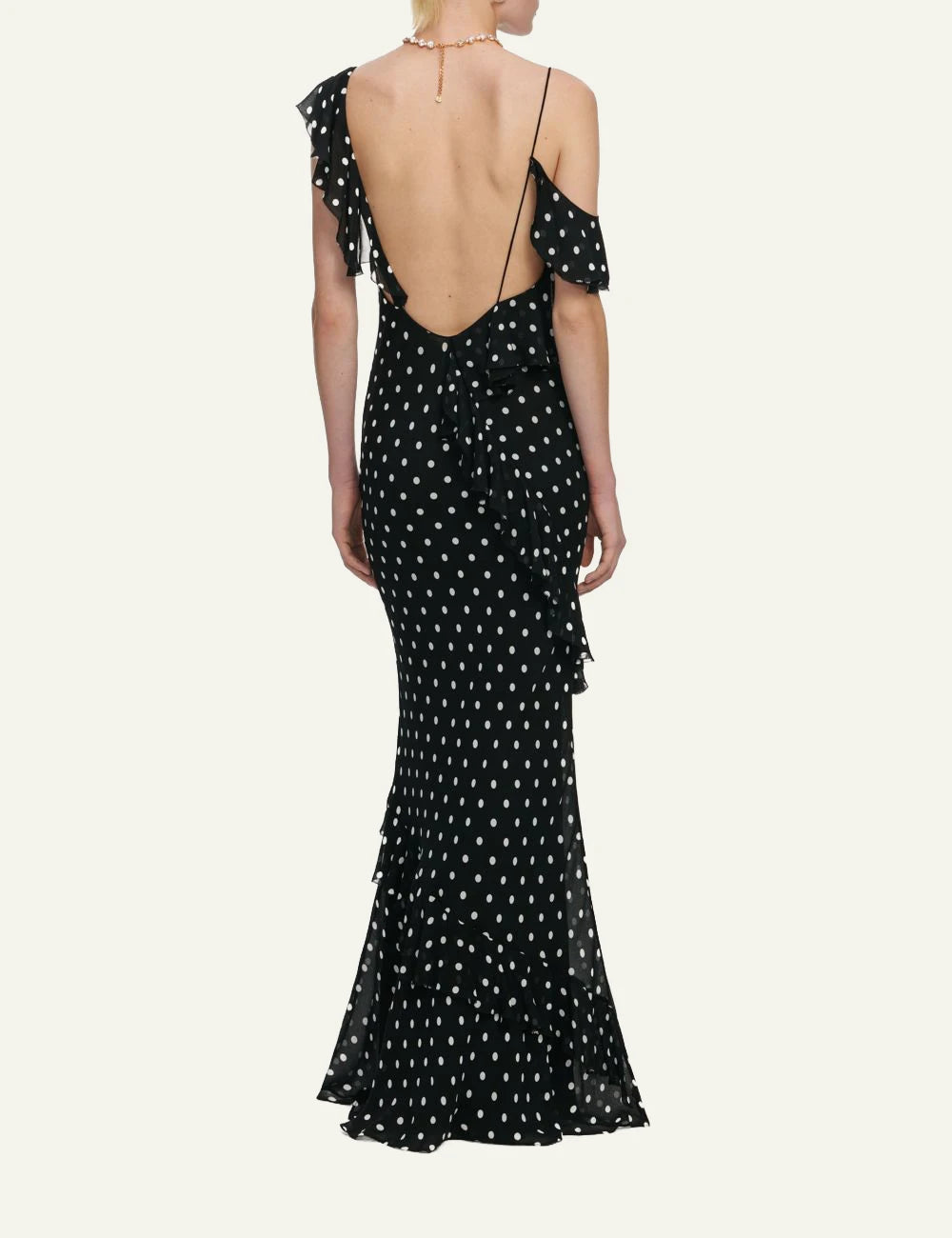 Self Portrait black polka dot maxi dress asymmetric ruffle cowl back