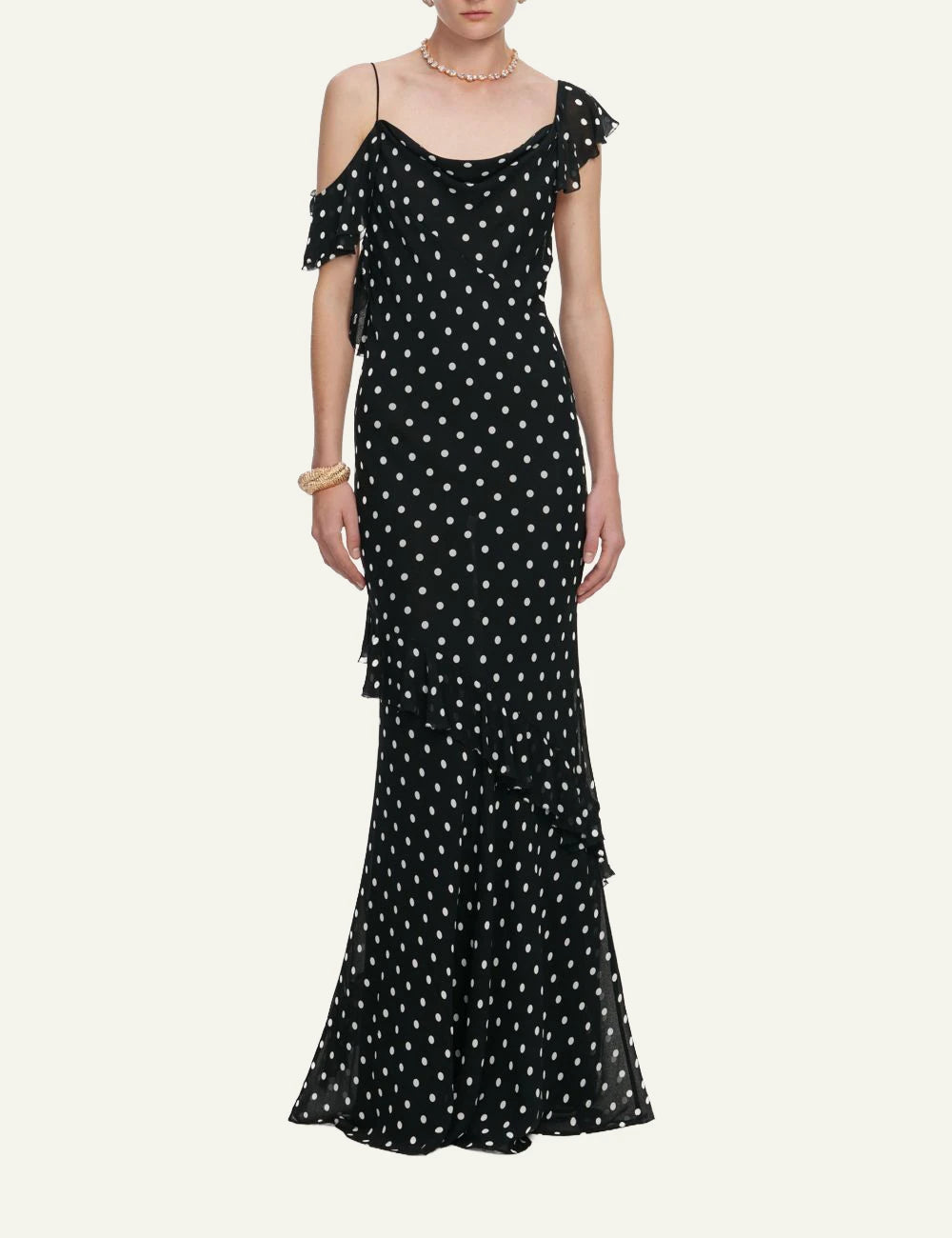Self Portrait black polka dot maxi dress asymmetric ruffle cowl front