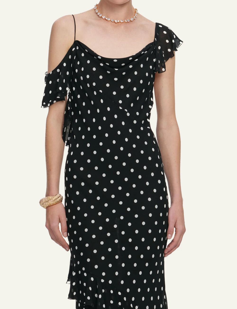 Self Portrait black polka dot maxi dress asymmetric ruffle cowl front model
