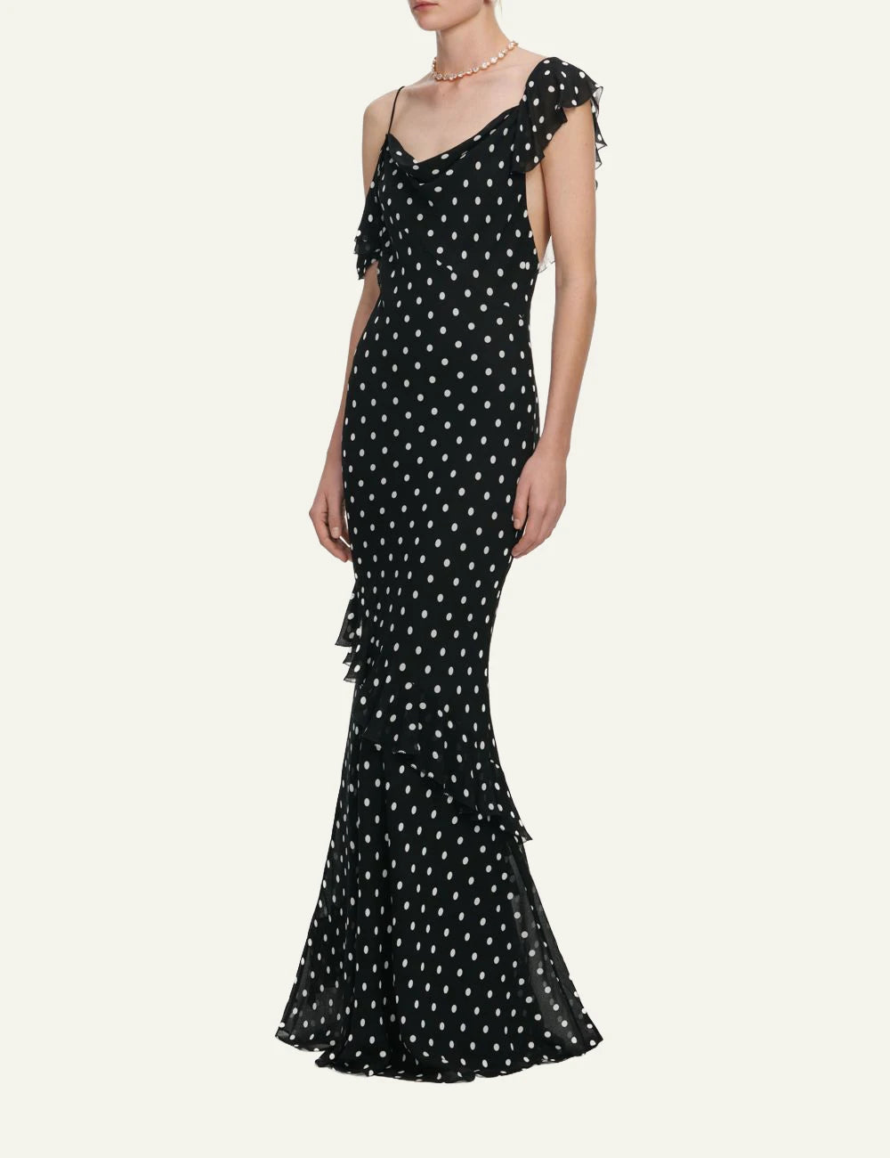 Self Portrait black polka dot maxi dress asymmetric ruffle cowl side