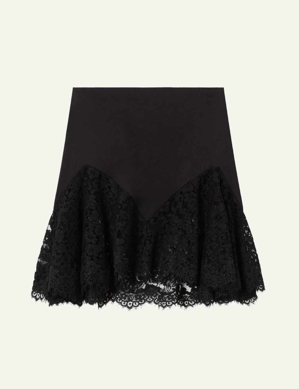Stella McCartney black satin mini skirt with floral lace trim